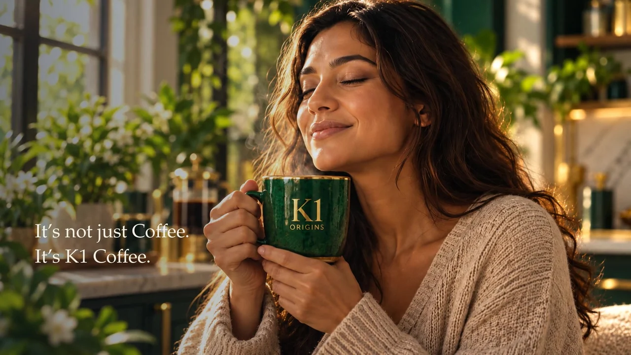 A woman enjoying coffee from a green K1 Origins cup