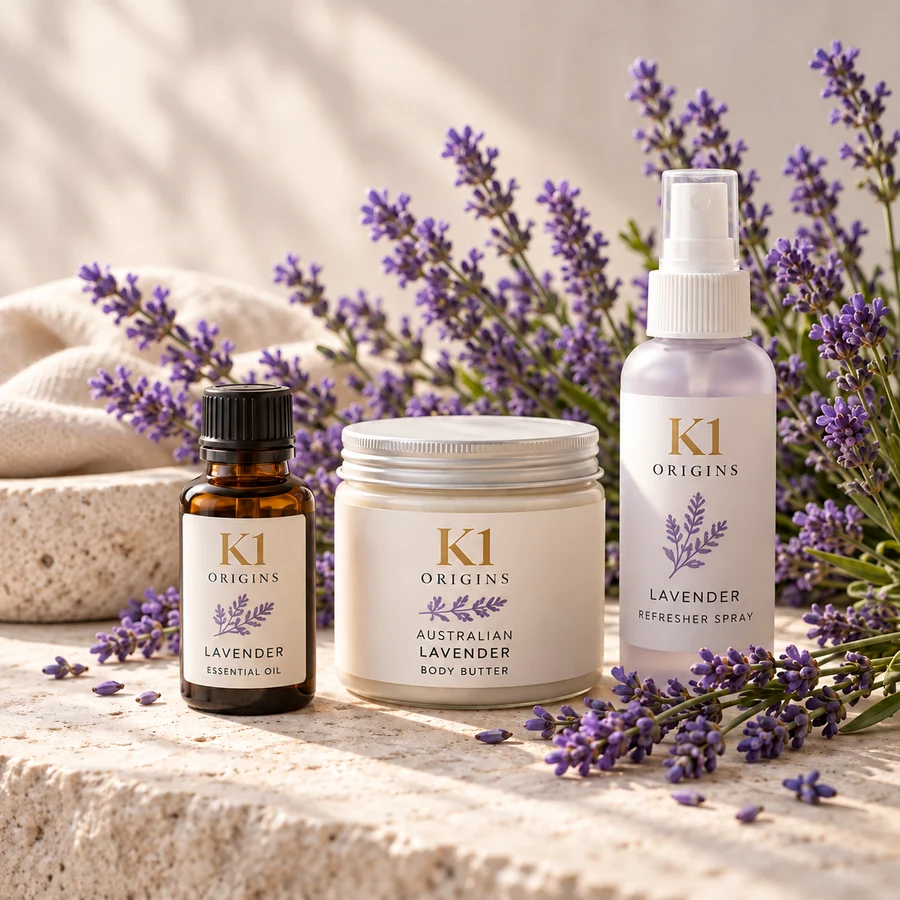 K1 Australian Lavender essential oil, body butter and refresher spray