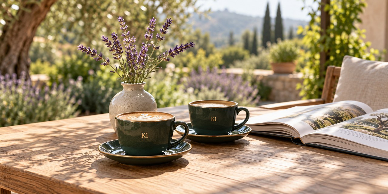 Two green K1 coffee cups beside lavender and an open book on a sunlit garden table.