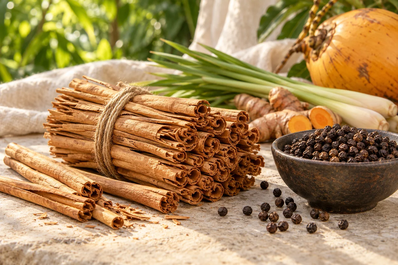 Cinnamon quills and black pepper with lemongrass, turmeric and king coconut