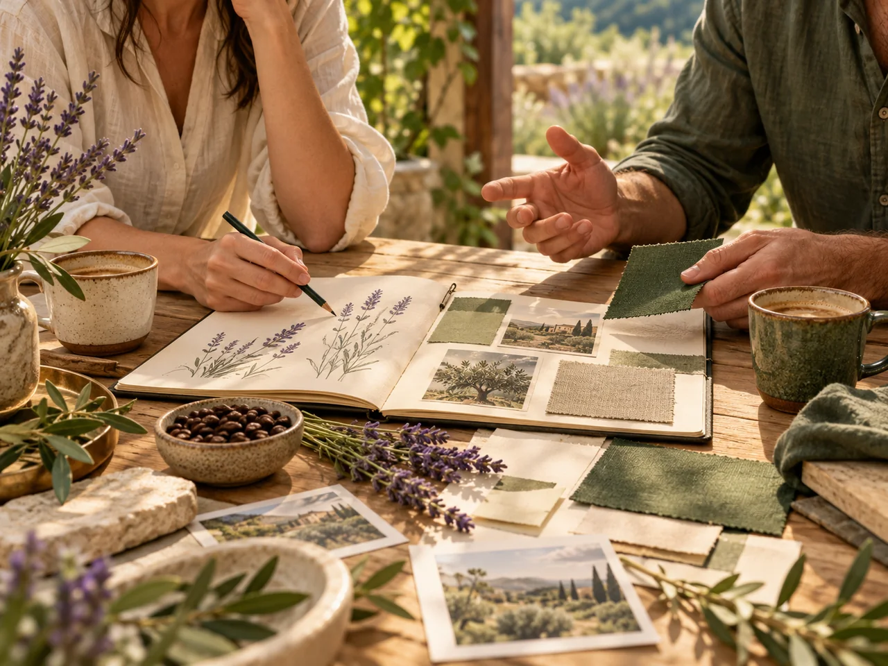A collaborative discussion over coffee, lavender sketches and material samples