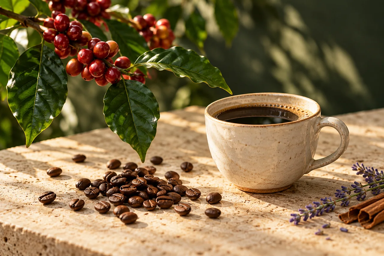 Coffee beside coffee cherries, beans and lavender on a stone table