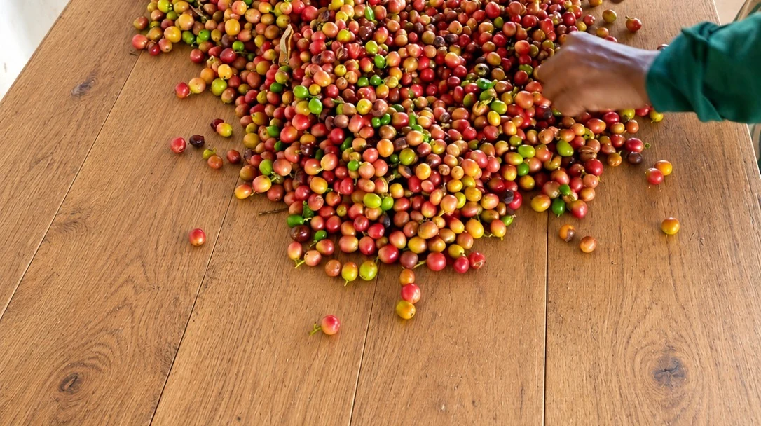 Sorting coffee cherries, Matale.