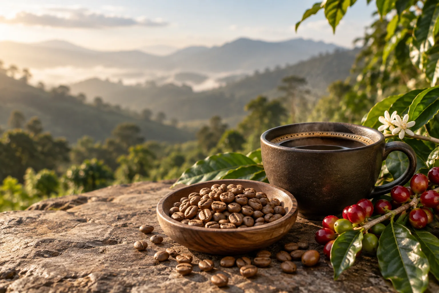 Ethiopian coffee beans, cherries and a prepared cup in morning light
