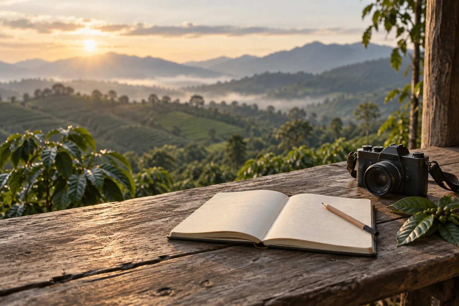 Field notebook and camera prepared for stories from people and place